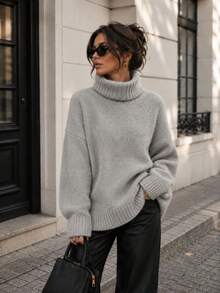 Women's Fashionable Long Sleeve Knit Sweater, High Neck Design With Slit Detail - Gray 2 - View 2
