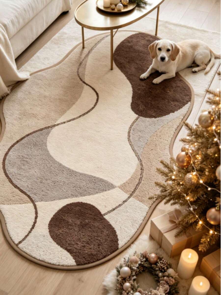 1pc Beige Minimalist Line Decor Rug, Floor Mat, Carpet, Living Room Rug, Area Rug, Large Rug, Bedroom Rug, Universal Rug - Multicolor - View 1