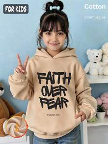 Autumn Winter Girls Fleece Hoodie With FAITH OVER FEAR PSALMS 118 Print White Black Text Long Sleeve Ribbed Cuffs Y2K - Apricot - View 2
