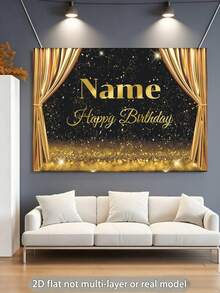 Customizable Name Black & Gold Glowing Background Happy Birthday Banner, Gold Glitter Curtain Design, Suitable For Birthday Party Cake Table Backdrop Decor, Photography Backdrop, Vinyl Material - Gold - View 4