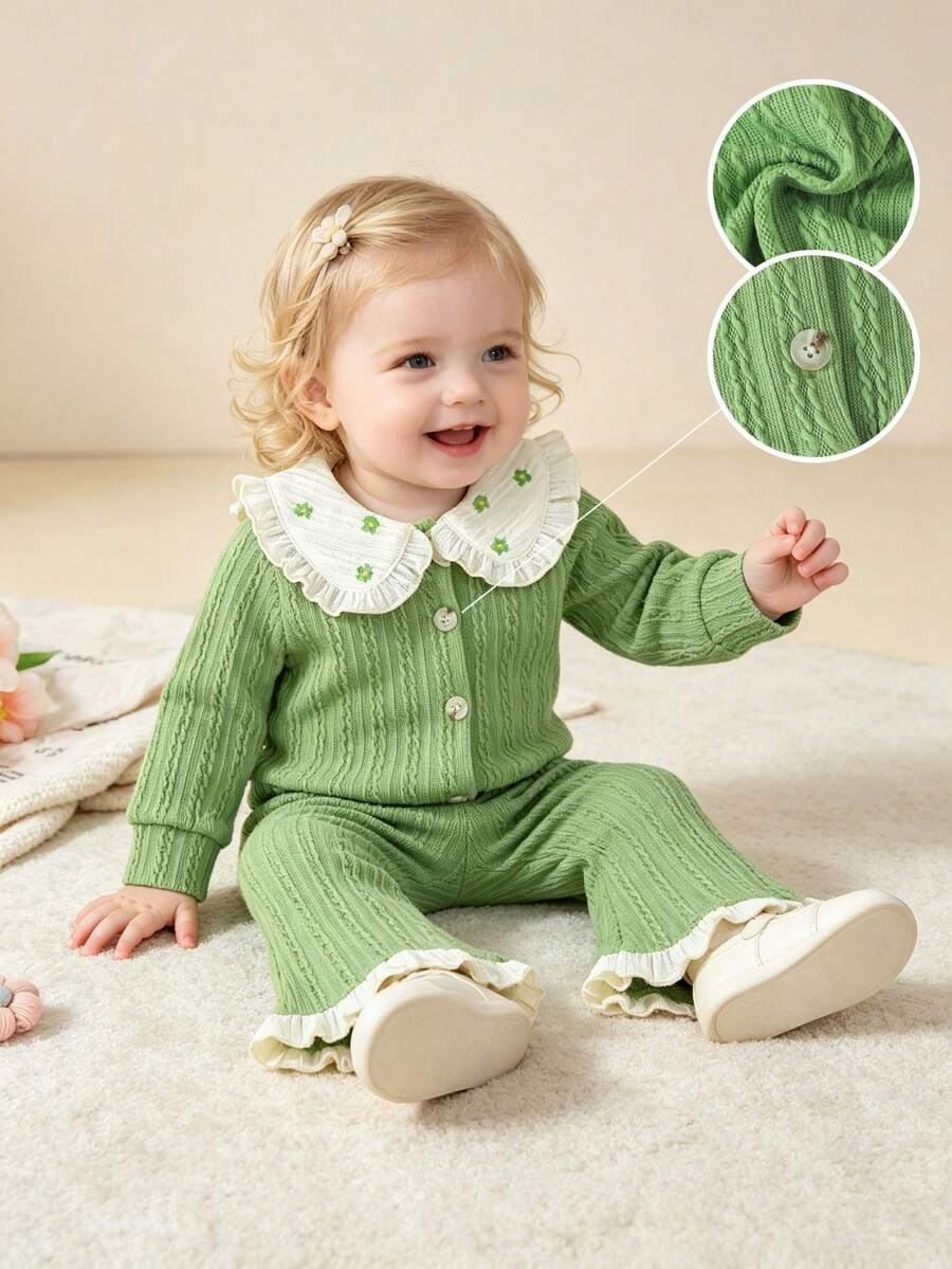 2pcs/Set Girls' Fresh Sweet Green Cable Fabric, Exquisite Cable Embroidery Ruffle Collar Long Sleeve Top With Frill Trim Flared Pants, Gentle And Cute, Suitable For Girls' Spring And Autumn Daily Wear - Green - View 1