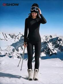 Women's Autumn/Winter Colorblock Elastic Warm Long Sleeve Top & Pants Ski Suit - Black - View 6