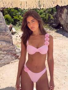 Bikinx Women's Solid Color Underwire Bikini With 3D Floral Design, Sexy Split Bikini Suitable For Summer Beach Vacation Pink - Pink - View 2