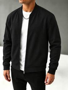 Black Cardigan Sweater, Mature Style, Round Neck, Knitted Jacket, Men's Full Zip, Ribbed Cuffs, Casual Daily Wear, Long Sleeve Open Front - Black - View 3