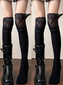 1/2 Pasang Kaos Kaki Longgar Gaya Balet Wanita Berwarna-warni dengan Pita Renda, Kaos Kaki Rajut Lembut di Atas Lutut hingga Paha, Cocok untuk Pemakaian Kasual Sehari-hari - MultiWarna - View 12