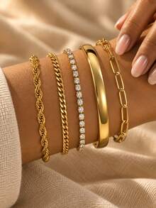 VceTd 5PCS Elegant Style Stainless Steel Jewelry Set With Women's Bracelet And Basic Chain Bracelet, Suitable For Date Wear - Yellow Gold - View 3