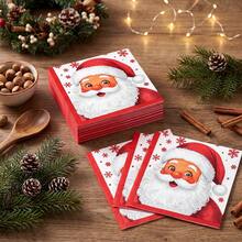 20/40/60 Pcs,Christmas Disposable Paper Napkins,2-Ply Santa Claus & Red Snowflake Print Dessert Tissues,Red Rim Dinner Napkins,Table Decor For Xmas Eve Celebration,Holiday Family Reunion,Winter Solstice Dinner,6.5*6.5 Inch - Multicolor - View 3