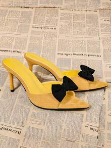 Pointed Toe Open Toe Bow Thin Heel Yellow Women's High Heel Sandals, Suitable For Business Party Wedding Nightclub Women's Sandals - Yellow - View 2