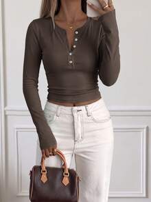 GLAMSKIN Women's Summer/Autumn Basic Henley Collar Button Long Sleeve Cropped Top, Slim Fit Casual Knit T-Shirt, Back To School, Outing, Daily Streetwear - Brown - View 10