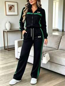 Women's Casual 2 Pieces Sportswear Set For Autumn/Winter, Including Lapel Zipper Jacket And Side Stripe Pants, Made Of Slightly Elastic Fabric, Suitable For Daily Wear - Black + Dark Green 31 - View 3
