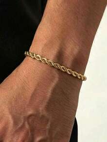 1pc Luxury Stainless Steel Gold Twisted Bracelet, Waterproof, Sweat-Resistant, Non-Fading, Suitable For Parties, Daily Wear, Holidays, Birthdays, Also Can Be Given As A Gift To Boyfriend/Girlfriend And Family Members, Elegant Gift For Her/Him On Valentine's Day, Unisex Holiday Gift - Gold - View 2