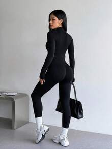 Women's Seamless Elastic Jumpsuit With Front Zipper Design, High Waist Cut To Flatter And Lift The Body, Black - Black - View 7