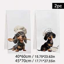 2pcs Dachshund Theme Chef Series Illustration Pattern Kitchen Towels, Rectangular Microfiber Kitchen Towels, Dishcloths, Scouring Pads, Hand Towels, Cooking Baking Tea Towels, Kitchen Decor, Housewarming Gift, Birthday Gift, Bathroom Cleaning Wet Wipes, Decorative Towels - Multicolor - View 2