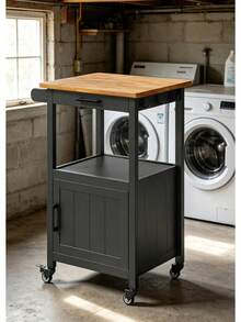 Estante de Cocina con Ruedas, 1 Cajón, Armario con Puerta, Estante Abierto, Ganchos Laterales, Encimera de Madera, Negro, para Cocina Pequeña - Negro - Ver 1
