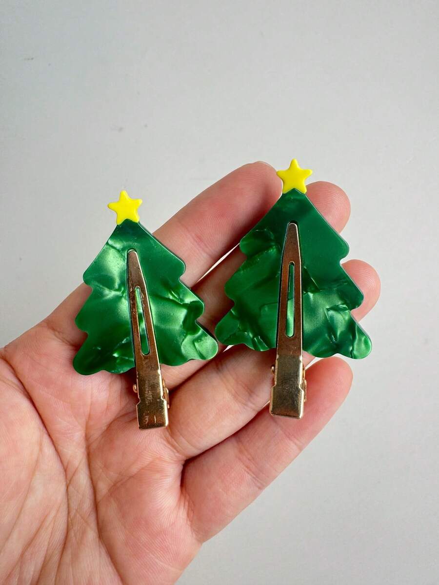 2Pcs Christmas Tree Hair Clips, Acetic Acid Crease-Free Styling Clips, Festive Hair Accessories; A Perfect Christmas Gift For Women And Girls - Green - View 1