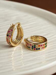 CHICAT 1 Pair Elegant Fashion Gold Multi-Color Synthetic Zirconia Oval Hoop Earrings, Lever Back Design, Suitable For Women's Party Jewelry - Multicolor - View 3