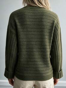 Sweater Lengan Panjang Kasual Minimalis Warna Polos Musim Gugur/Dingin - Hijau Tentara - View 7
