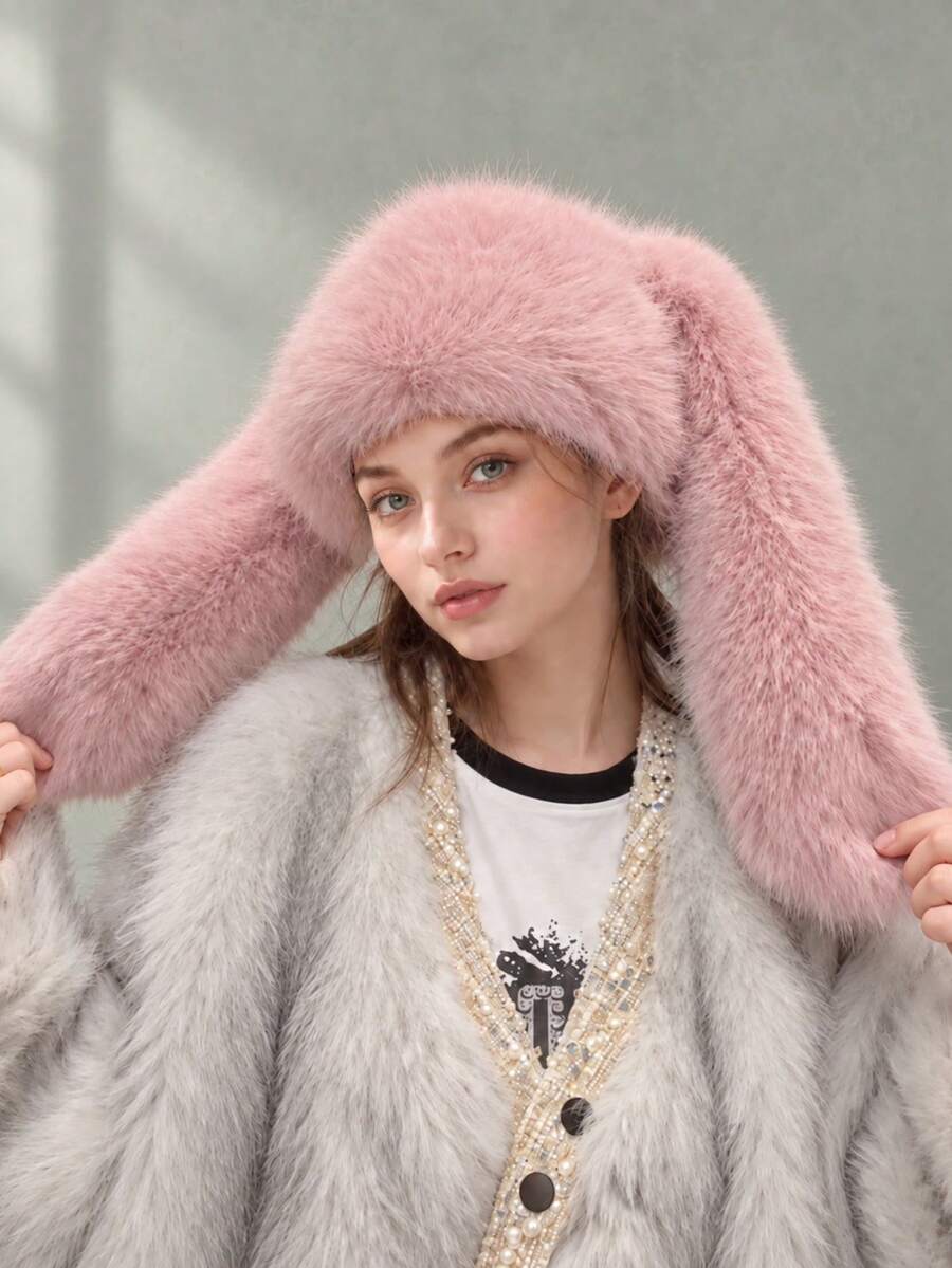 1pc Women's Cute Cartoon Rabbit Ear Decor Soft Warm Plush Hat, Spring New Style, Suitable For Daily Use, Gift - Type C - View 1