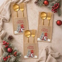 5pcs Christmas Jute Tableware Bags, Reusable, Portable Storage For Cutlery And Napkins, Suitable For Christmas, Birthday Party, New Year, Thanksgiving Decoration - Multicolor - View 7