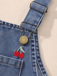 Baby Girls Denim Overalls Long Pants, Sweet Cherry Embroidery, Vintage Casual Daily Wear, Soft Denim Fabric, Loose Straight Leg, Spring & Autumn - Blue - View 8
