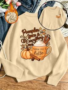 女款大尺碼休閒復古圓領仿針織毛衣，雙面「Pumpkin Spice Latte」圖案印花，秋季時尚穿搭 - 杏色 - 查看 6
