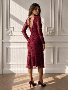 Robes florales VINOVA pour femmes, robe midi élégante à manches longues et dos nu, tenues de festival d'automne et d'hiver, robe du Nouvel An, robe de Noël, Halloween - Rouge foncé - Voir 2