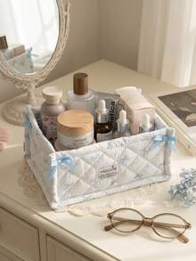 1pc Cute Bow Quilted Fabric Storage Basket Foldable Desktop Organizer Bin Two-Size Makeup Cosmetic Storage Box For Vanity Table Bedroom Home Decor - Multicolor - View 7