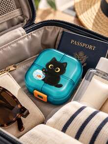Cartoon Black Cat & Goldfish Round Portable Pill Box, Mini Compartment Medicine Storage Box, Portable Pill & Vitamin Dispenser, Suitable For Daily Commute, Business Trip, Travel, Home Use, Cute & Adorable Desktop Organizer, Personal Pill Dispensing Box - Multicolor - View 2