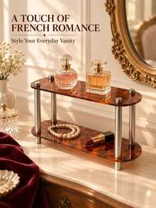 French Vintage Double-Layer Acrylic Desktop Organizer, Leopard Print Amber Brown Texture Perfume Jewelry Cosmetics Storage Display Rack, Suitable For Bedroom Vanity Entryway - French Vintage - Double-layer Leopard Print - View 6