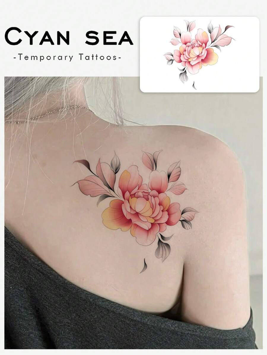 1pc Temporary Tattoo Sticker, Pink Gradient Peony With Leaves Pattern, Realistic Tattoo Design, Suitable For Daily Wear, Bachelorette Party Favors, Music Festivals, Games, Graduation Gifts, Lasts 3-5 Days - Multicolor - View 1
