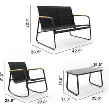 Juego de Muebles de Patio de 4 Piezas Negro 108x73.4x81.5 cm| Juego de Conversación para Exteriores con Sofá de 2 Plazas 2 Sillones y Mesa de Centro de Vidrio| Asiento de Tela Transpirable con Brazos de Madera| para Patio y Balcón| Fácil de Armar - Negro - Ver 5