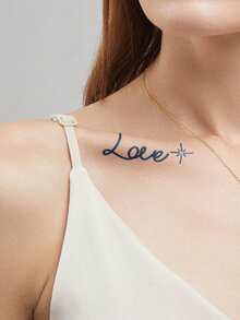 1pc Herbal Juice Semi-Permanent Magic Tattoo Sticker, Minimalist Love & Star Pattern, Long-Lasting 14 Days, Non-Fading, Non-Reflective, Temporary Tattoo For Arm, Shoulder, Neck, Collarbone And Body - Blue - View 3
