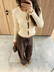 Women's Spring/Autumn Vertical Ribbed Texture Round Neck Tie-Front Long Sleeve Knit Cardigan, Featuring Girly Bow Tie And Ruffle Trim Decor, Slim Fit Cropped Silhouette, Suitable For Daily Commute, Dating And Photo Outfits - Light Yellow - View 2