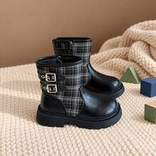 Girls' Academy Style Black Plaid Patchwork Double Buckle Decor Ankle Boots, Side Zipper Design, Children's Ankle Boots Suitable For Autumn/Winter Daily Wear - Black - View 4