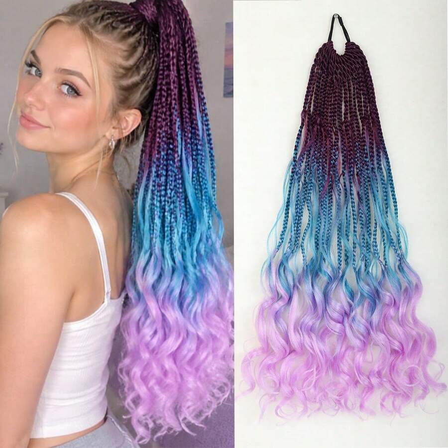 Synthetic Box Braid Ponytail Extension For Women, Long Thin Braids With Wavy Curly Ends, Ombre , Festival Boho Party Concert Daily - Multicolor - View 1