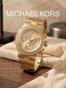 Michael Kors MK5386 Gold-Tone Rhinestone Women's Watch, Stainless Steel Band Chronograph Calendar Wristwatch, Gift Style - Gold - View 3