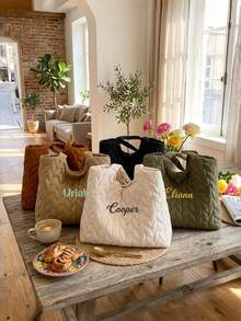 1件刺繡客製化文字冬季新款棉墊禮品袋，通勤購物肩背包，時尚菱格紋大容量純色羽絨棉休閒包，送給朋友、媽媽的新年聖誕禮物 - 彩色 - 查看 2