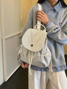 Cream Checked Gingham Print Rucksack, Drawstring Flap Design Large Capacity, For School Daily Travel, Round Metal Buckle Casual Bookbag - Multicolor - View 6