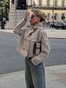 Jaket Lengan Panjang Kancing Ganda Kasual Wanita, Edisi Musim Semi - Khaki - View 5