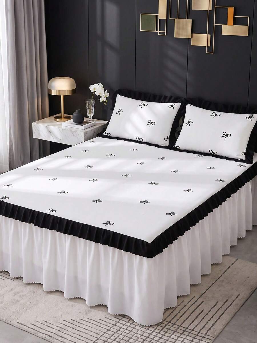 1pc Ruffle Bed Skirt, Black Bow Bedding, Bed Cover, Mattress Protector, Room Decor, Home Textiles, Soft Breathable Comfortable Lightweight, Suitable For Single/Double/Queen/King Size Beds, Dust-Proof Anti-Slip, All Season, Machine Washable