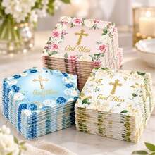 20/40/100 PCS God Bless Cross-Design Printed Disposable Napkins, For Religious Baptism, First Communion, Birthday Party, And Baptism Ceremony Tablecloth Decoration. - View 1
