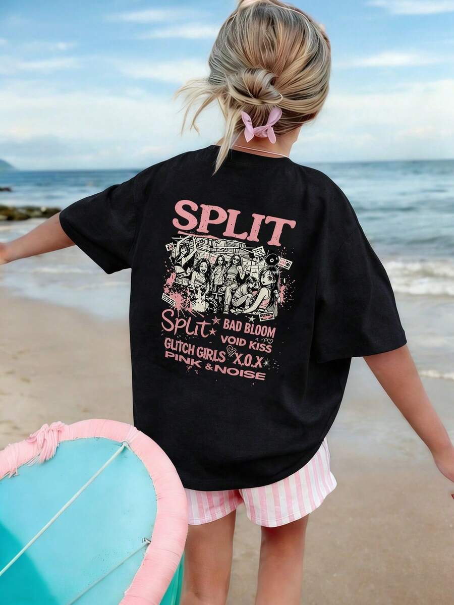 Tween Girls Casual Printed Round Neck Short Sleeve T-Shirt, Summer Top - Black - View 1