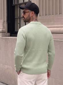 Lookun Men's Knitted Polo Sweater, Small Collar, Casual Drop Shoulder, Korean Style, Lazy, Autumn/Winter - Green - View 3