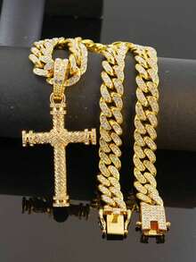 Full Rhinestone Twisted Double-Sided Cylindrical Cross Pendant Necklace, Rhinestone Cuban Chain, Men's Hip Hop Shiny Personalized Party Jewelry - Double-sided Full-diamond 3D Cross - View 6