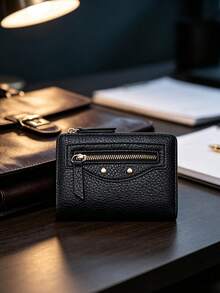 Women's Short Bifold Wallet, Classic Black Faux Leather Card Holder, Multi‑Slots Small Purse With Zipper Pocket, Rivet Decor Compact Coin Purse. - Black - View 9