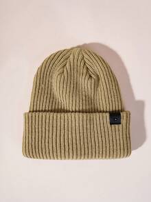 1pc Unisex Ski Hat, Simple Y2K Style Warm Knitted Beanie With Leather Buckle, Breathable Fashionable Outdoor Headwear For Autumn And Winter - Khaki - View 3