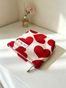 1PC/4PCSRed Heart Print Cosmetic Bag, Zipper Makeup Pouch Set, Cute Heart Pattern Storage Purse, Portable Travel Toiletry Bag For Lipstick, Skincare, Small Essentials, Multi-Size Canvas Organizer, Lovely Daily Storage Pouch For Women - Multicolor - View 16