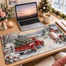 1pc Christmas Vintage Red Truck Mouse Pad, Snowy Farmhouse Winter Scene Extended Desk Mat For Home Office, Gaming And Holiday Decor - View 2
