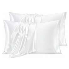 Set Of 2 Solid White Silky Satin Pillowcases, Smooth Cooling Pillow Covers For Hair Skin Care, Envelope Opening Pillow Case, Home Bedroom Bedding Decor, Pillow Not Included - White - View 1