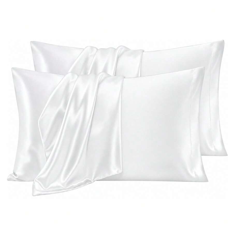 Set Of 2 Solid White Silky Satin Pillowcases, Smooth Cooling Pillow Covers For Hair Skin Care, Envelope Opening Pillow Case, Home Bedroom Bedding Decor, Pillow Not Included - White - View 1